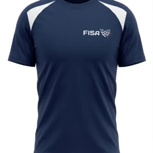 Polo deportivo técnico de color azul marino con paneles de malla blanca en los hombros y logotipo bordado de FISA, ideal para uniformes corporativos en Perú.