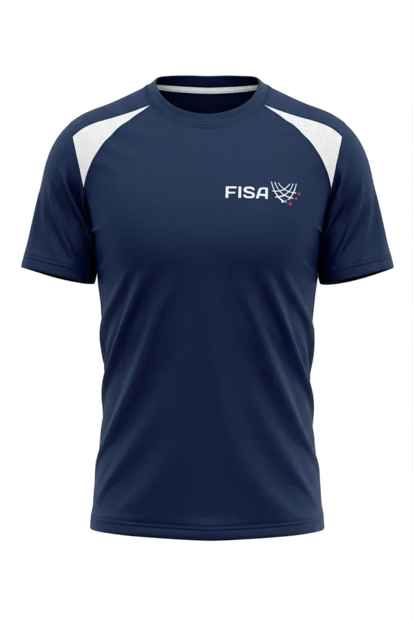Polo deportivo técnico de color azul marino con paneles de malla blanca en los hombros y logotipo bordado de FISA, ideal para uniformes corporativos en Perú.