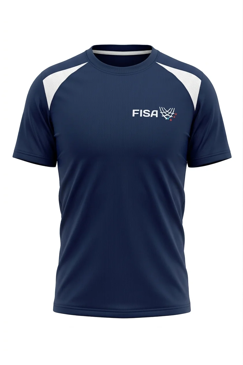 Polo deportivo técnico de color azul marino con paneles de malla blanca en los hombros y logotipo bordado de FISA, ideal para uniformes corporativos en Perú.