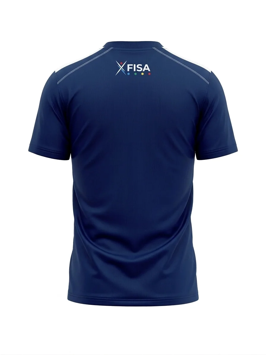 Polo deportivo técnico de color azul marino con paneles de malla blanca en los hombros y logotipo bordado de FISA, ideal para uniformes corporativos en Perú.