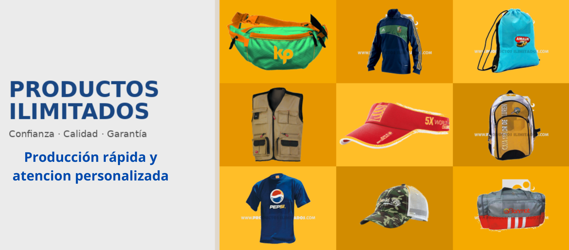 Variedad de ropa publicitaria personalizada que incluye polos, chalecos tácticos, morrales, gorras tipo visera y maletines deportivos de Productos Ilimitados.