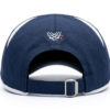Gorra publicitaria de tela tecnológica azul marino con detalles blancos en visera y laterales, personalizada con el logotipo bordado de FISA.