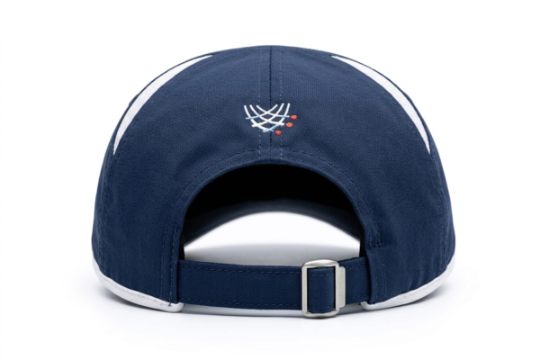 Gorra publicitaria de tela tecnológica azul marino con detalles blancos en visera y laterales, personalizada con el logotipo bordado de FISA.