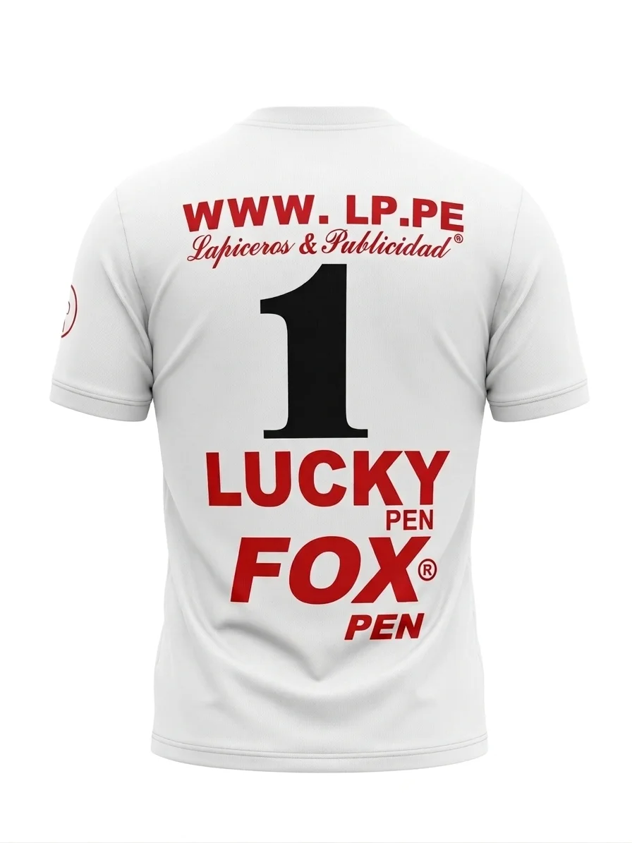 Vista posterior de polo blanco publicitario con estampado de gran formato en rojo y negro, incluyendo logotipos y numeración para merchandising