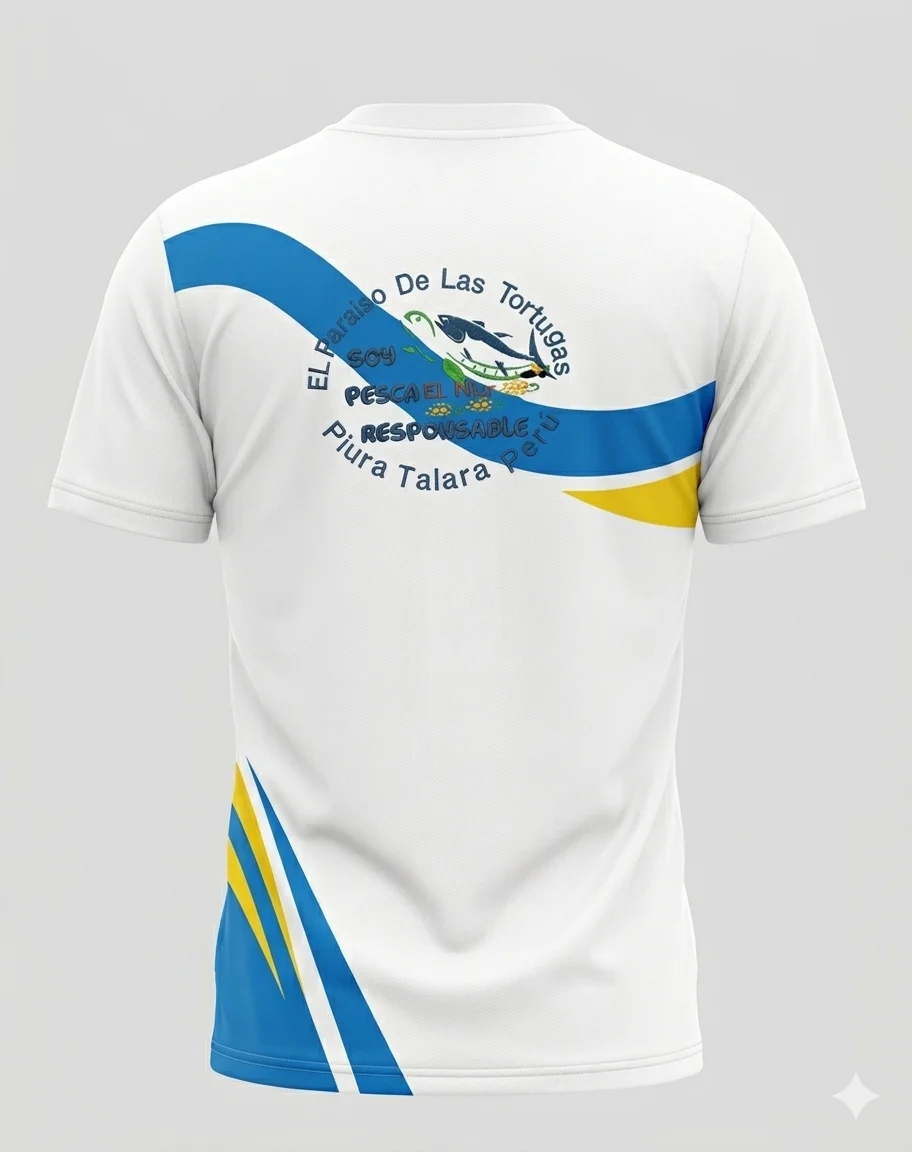 Polo técnico publicitario de color blanco con cierre de cremallera en el cuello, detalles ondulados en azul y amarillo, y logotipos institucionales bordados.