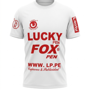 Polo publicitario blanco de cuello redondo con estampado sublimado en rojo de Lucky Fox y Lantu Sport's Wear para merchandising en Perú.