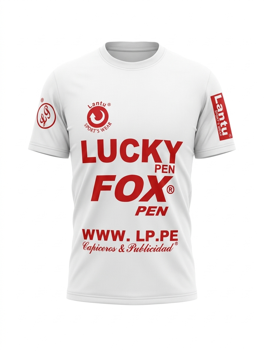 Polo publicitario blanco de cuello redondo con estampado sublimado en rojo de Lucky Fox y Lantu Sport's Wear para merchandising en Perú.