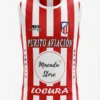 Vista frontal y posterior de una camiseta de baloncesto personalizada con el número 20, franjas rojas y blancas, y patrocinadores como Alexander Vogue, Coribleiz Sport, Sastrería Argentina, y Productos Ilimitados.