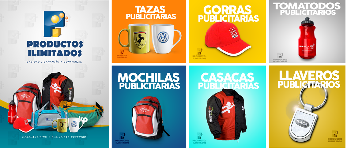Catálogo de ropa publicitaria y merchandising personalizado que incluye casacas, gorras, mochilas y tomatodos de Productos Ilimitados.