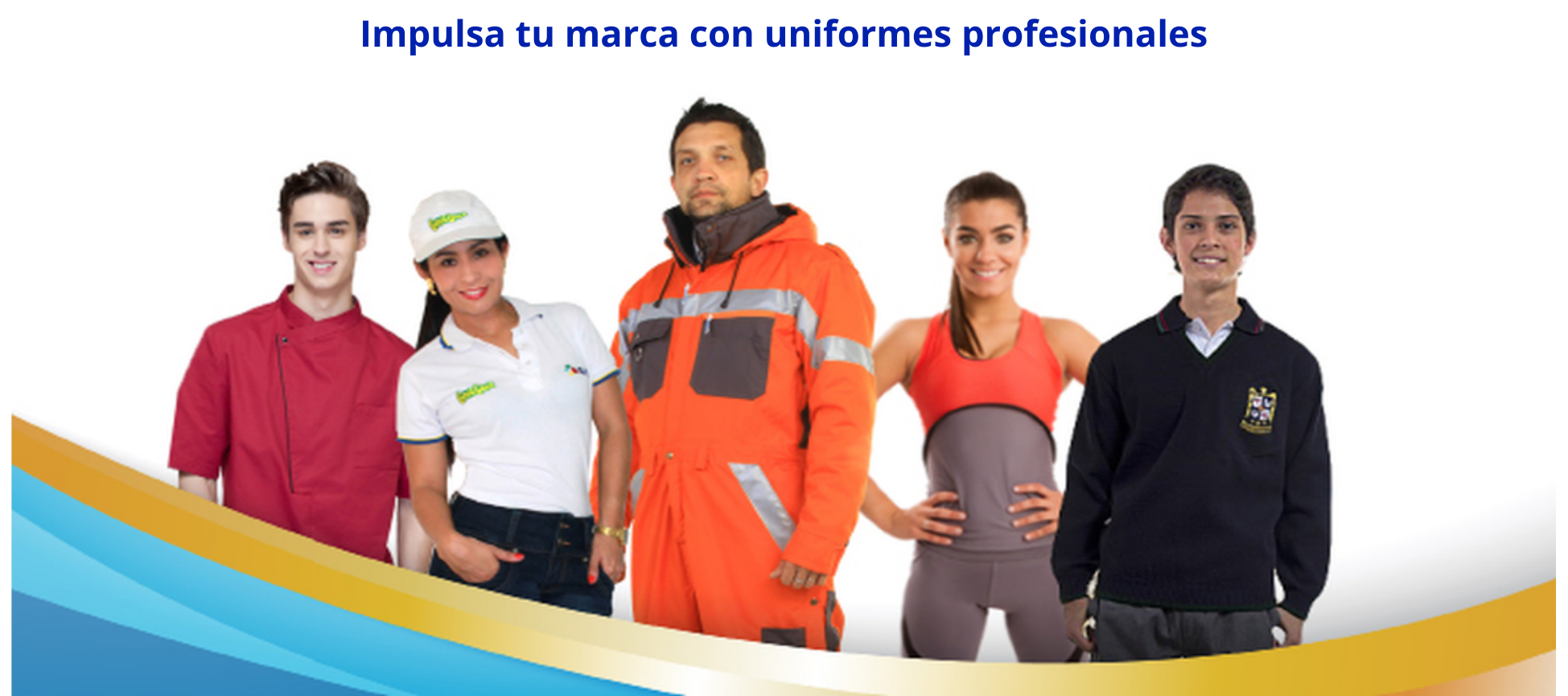 Modelos luciendo diversos uniformes profesionales de Productos Ilimitados, incluyendo ropa para cocina, uniformes industriales de alta visibilidad, ropa deportiva y uniformes escolares.